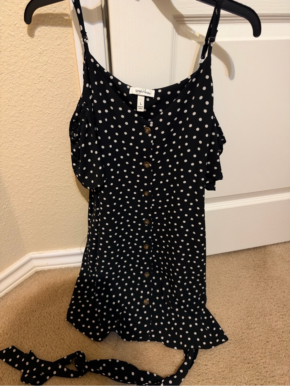 Speechless Black and White Polka Dot Button-Front Spaghetti Strap Dress new